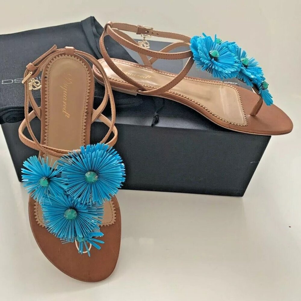 DSQUARED2 6 7 8 9 Flat Brown Thong Strappy Blue Flower Ankle Strap Sandals $890